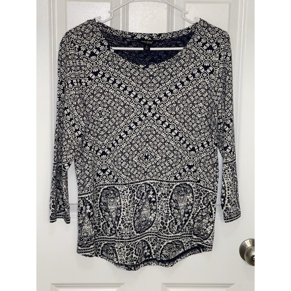 Lucky Brand Women’s Shirt Navy Floral Paisley 3/4 Sleeve Cotton Blend Boho Small